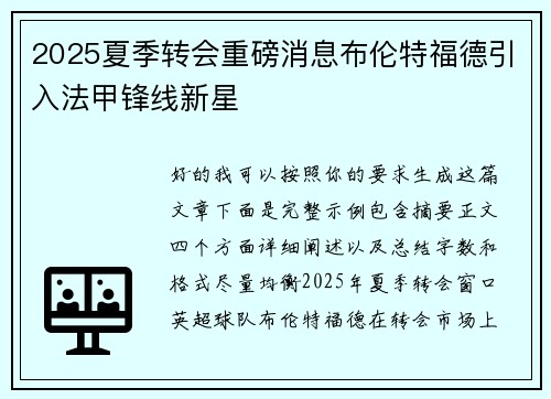 2025夏季转会重磅消息布伦特福德引入法甲锋线新星 2025夏季转会重磅消息布伦特福德引入法甲锋线新星